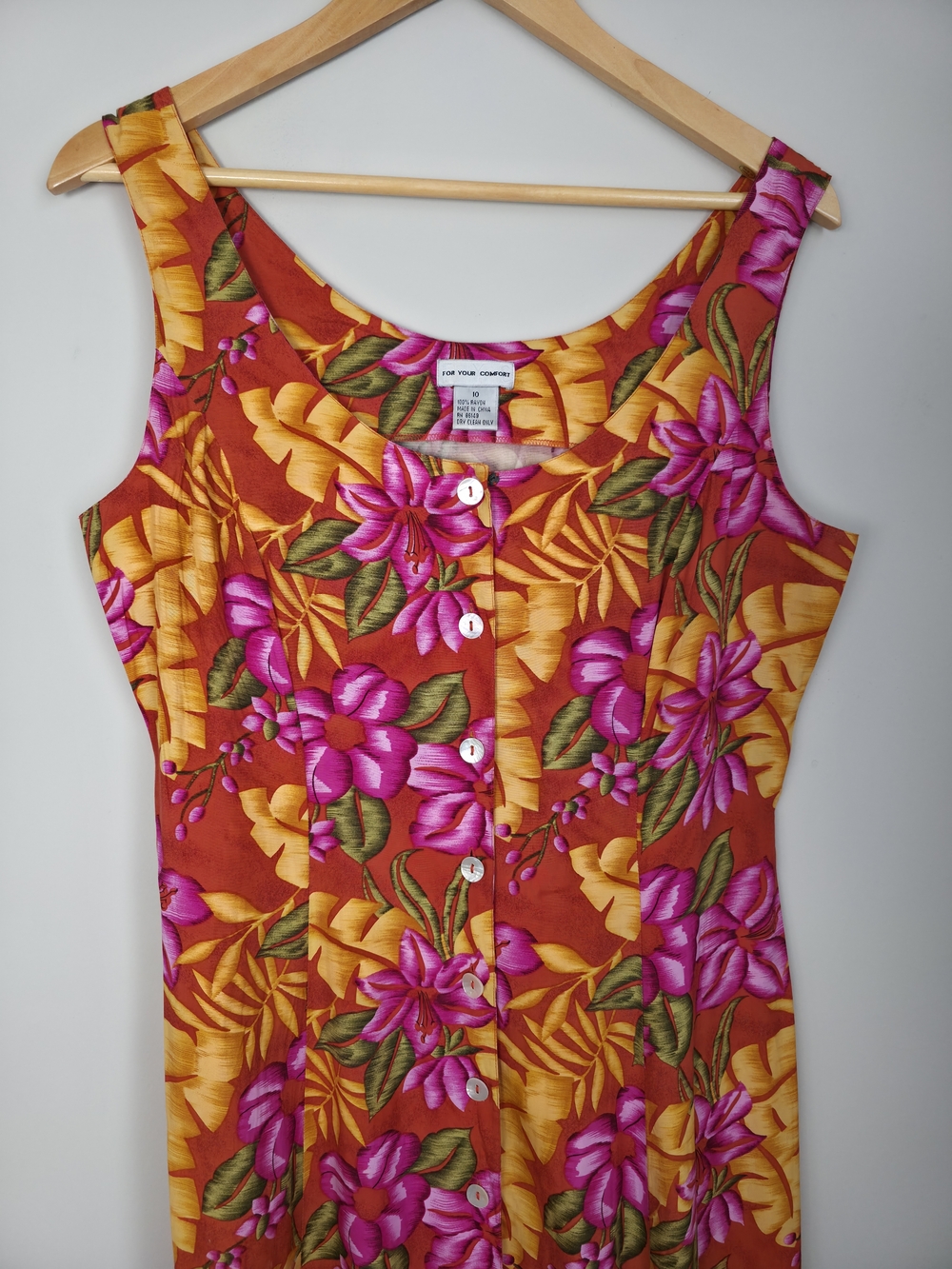 Vintage 90s Floral Rayon Dress Button Front Midi Tropical Size 10 - Picture 8 of 11